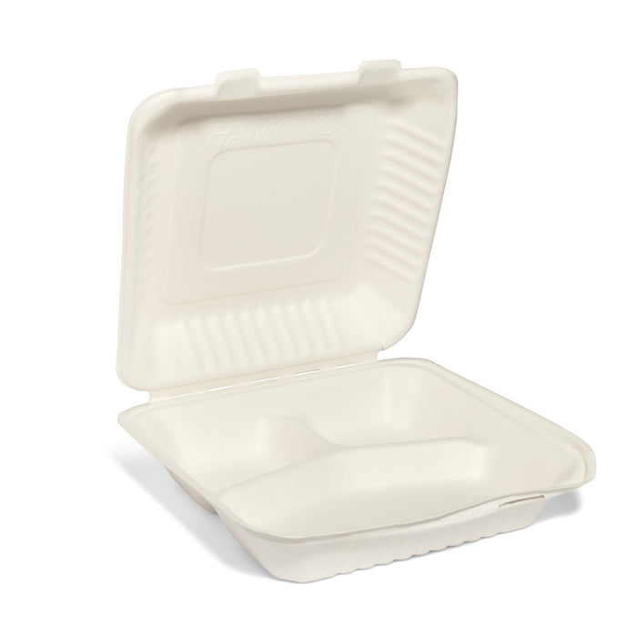 9" 3 Compartment Bagasse Meal Box - 200pk